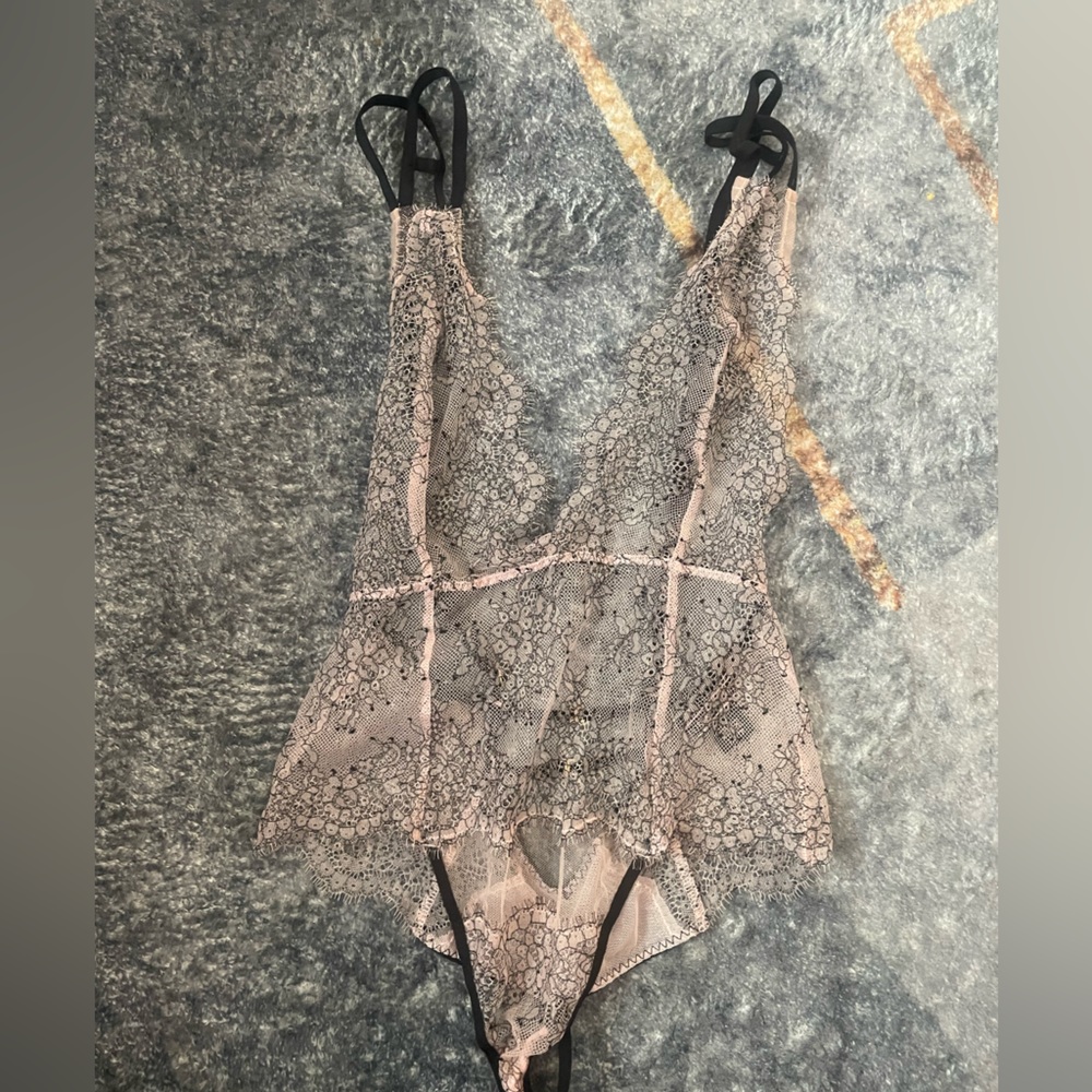 Sexy baby pink and black lace teddy/bodysuit size XS